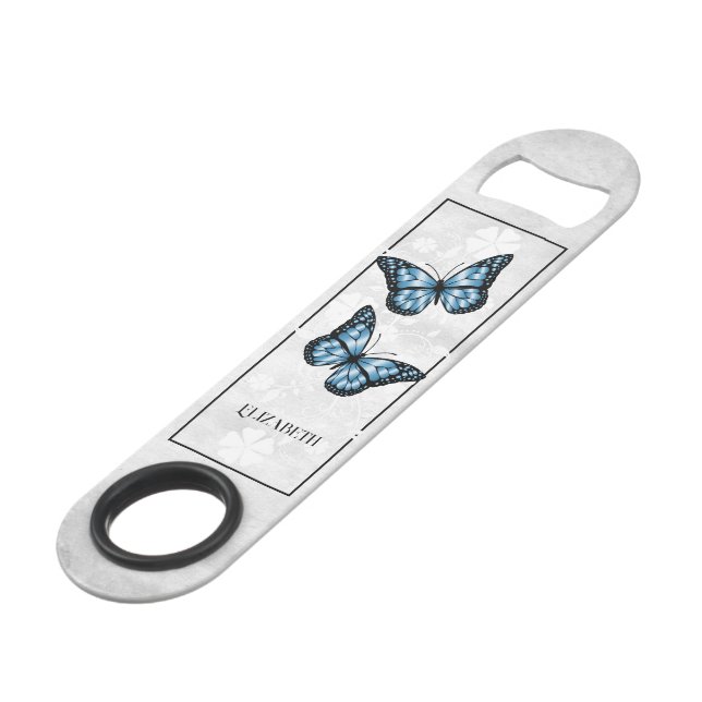 Blue Butterfly Floral Personalised Bar Key (Front Angled)