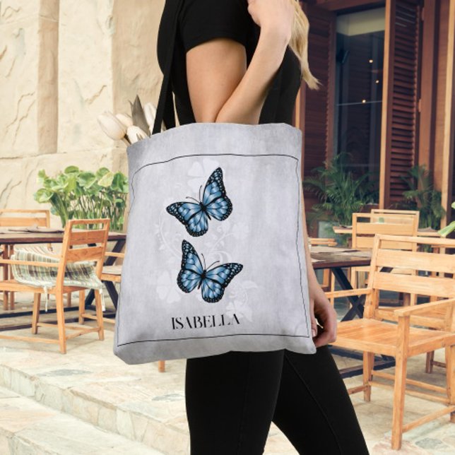 Blue Butterfly Floral Personalised Tote Bag (Blue Butterfly Floral Personalized Tote Bag)