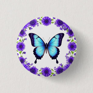 Blue Butterfly Floral Spring Garden Purple Flowers 3 Cm Round Badge