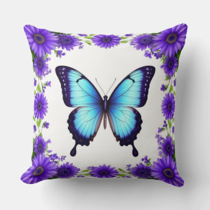 Blue Butterfly Floral Spring Garden Purple Flowers Cushion