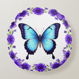 Blue Butterfly Floral Spring Garden Purple Flowers Round Cushion