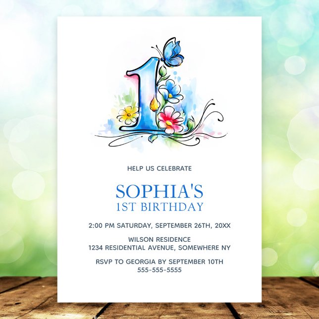 Blue Butterfly Flowers 1st Birthday Party Invitation (Creator Uploaded)