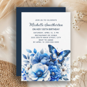 Blue Butterfly Flowers Elegant 100th Birthday Invitation