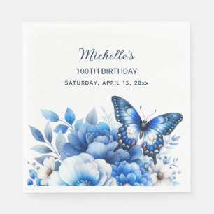 Blue Butterfly Flowers Elegant 100th Birthday Napkin