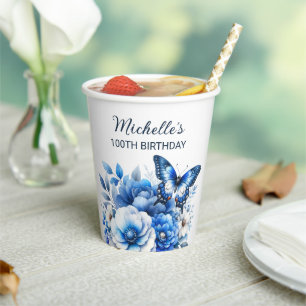 Blue Butterfly Flowers Elegant 100th Birthday Paper Cups