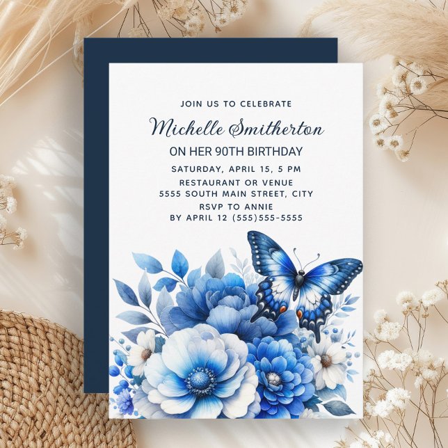 Blue Butterfly Flowers Elegant 90th Birthday Invitation (Blue floral and butterfly 90th birthday party invitation)