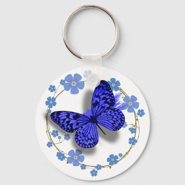 Blue Butterfly & Flowers Pretty Key/bag Chain Key Ring (Front)
