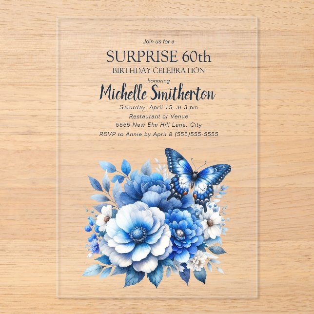 Blue Butterfly Flowers Surprise 60th Birthday Acrylic Invitations (Front)
