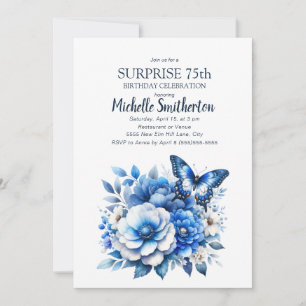 Blue Butterfly Flowers Surprise 75th Birthday Invitation
