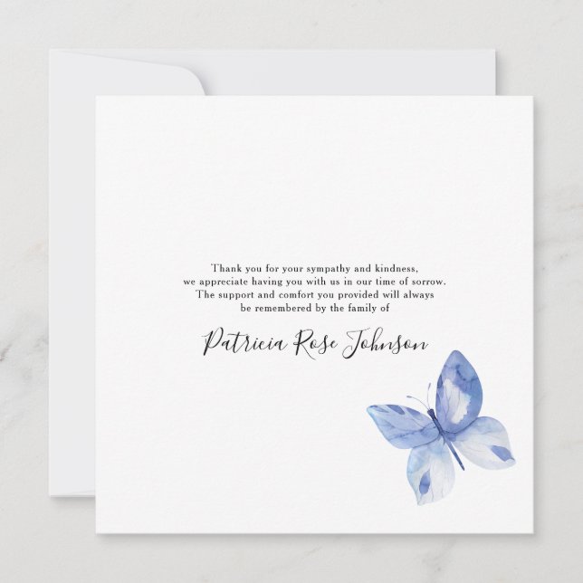 Blue Butterfly Funeral Memorial Thank You Note (Front)