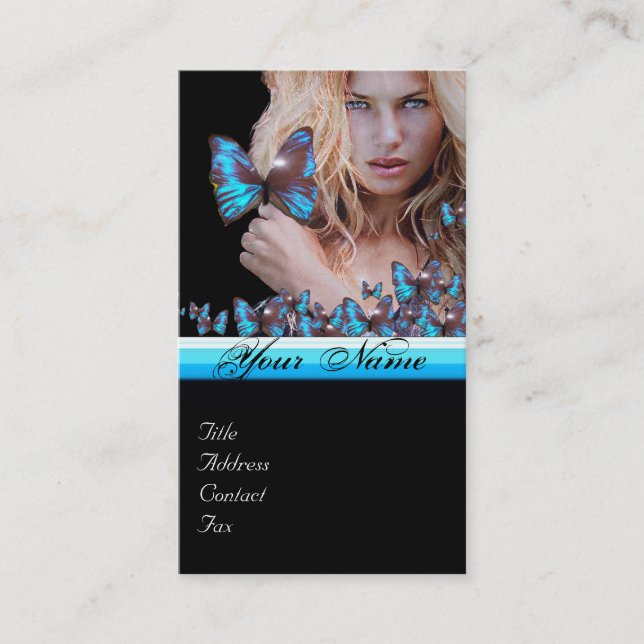 BLUE BUTTERFLY HAIR BEAUTY MAKEUP ARTIST monogram Business Card (Front)