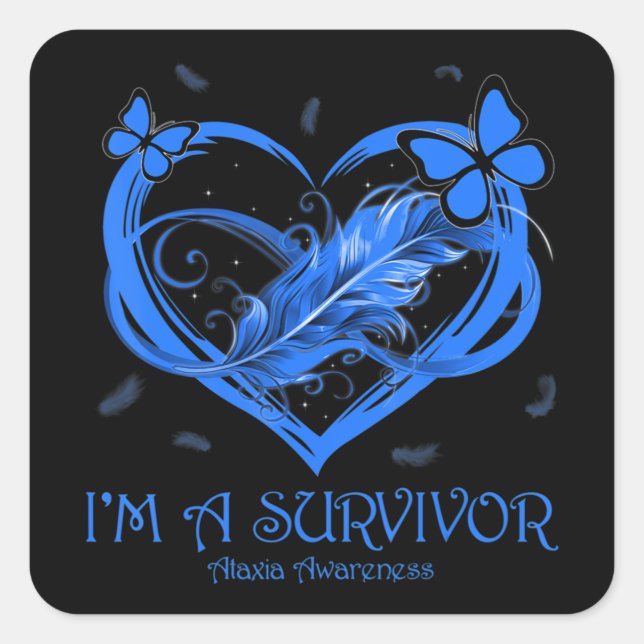 Blue Butterfly Heart I'm A Survivor Ataxia Awarene Square Sticker (Front)