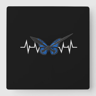 Blue Butterfly Heartbeat Square Wall Clock