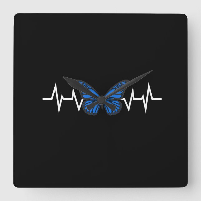Blue Butterfly Heartbeat Square Wall Clock (Front)