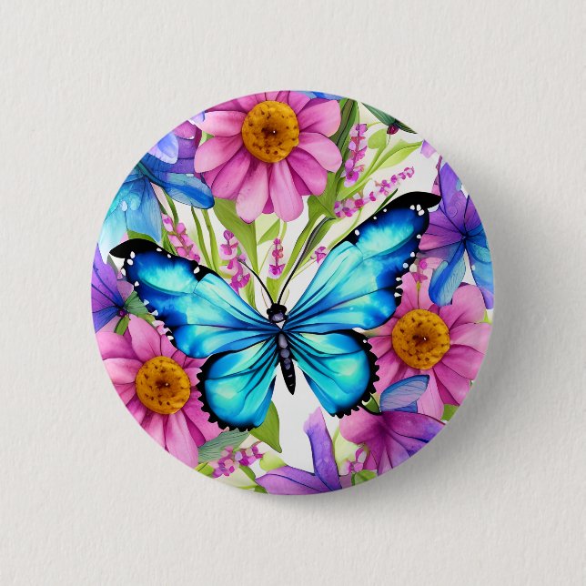 Blue Butterfly In a Field of Flowers 6 Cm Round Badge (Front)