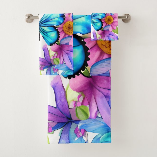 Blue Butterfly In a Field of Flowers Bath Towel Set (Insitu)