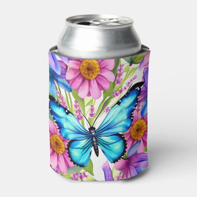 Blue Butterfly In a Field of Flowers Can Cooler (Can Front)