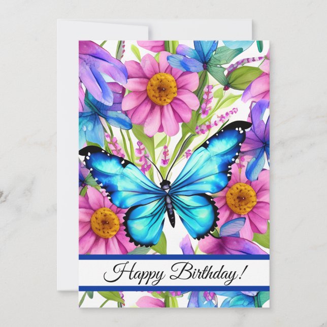 Blue Butterfly In a Field of Flowers Holiday Card (Front)
