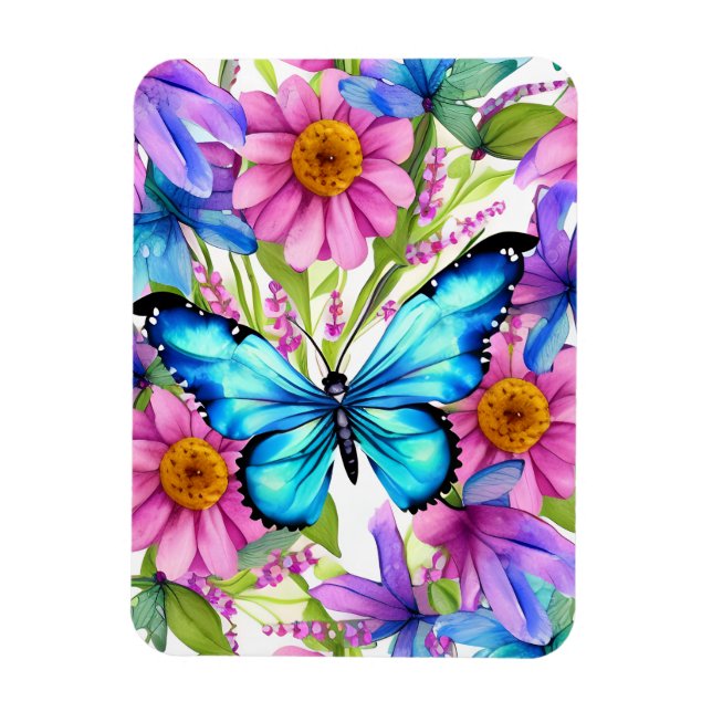 Blue Butterfly In a Field of Flowers Magnet (Vertical)