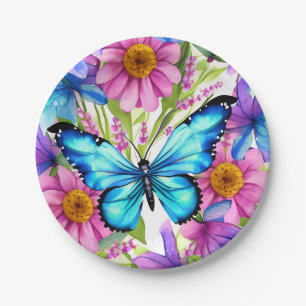 Blue Butterfly In a Field of Flowers Paper Plate