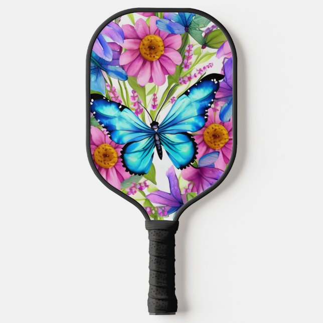 Blue Butterfly In a Field of Flowers Pickleball Paddle (Front)