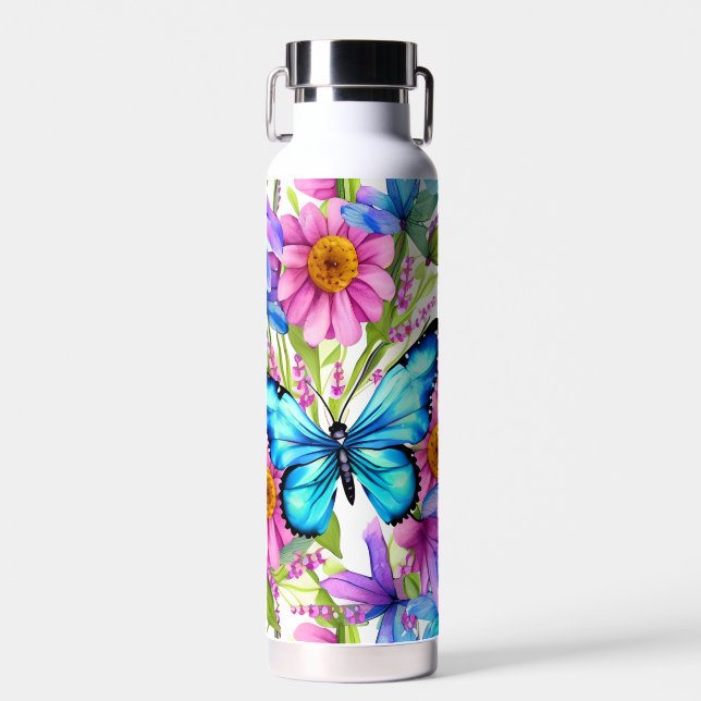 Blue Butterfly In a Field of Flowers Water Bottle (Front)