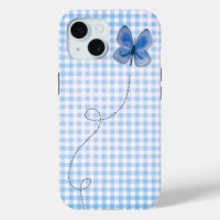 Blue Butterfly in Flight On Gingham
