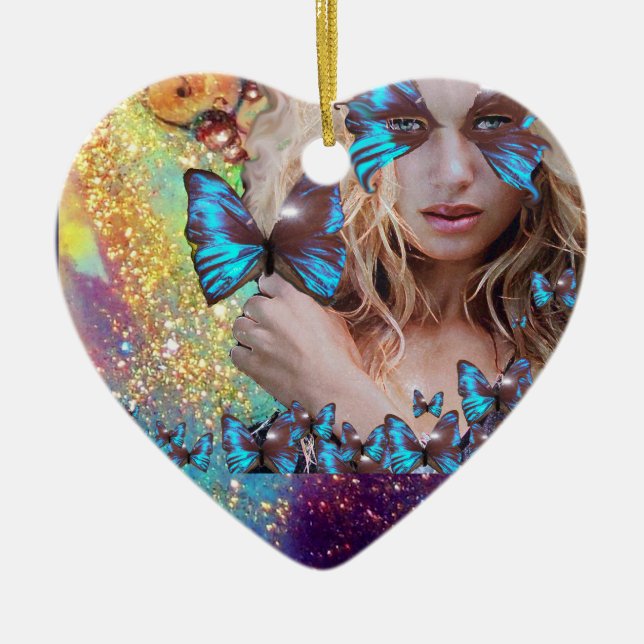 BLUE BUTTERFLY IN TEAL GREEN GOLD SPARKLES HEART CERAMIC ORNAMENT (Front)