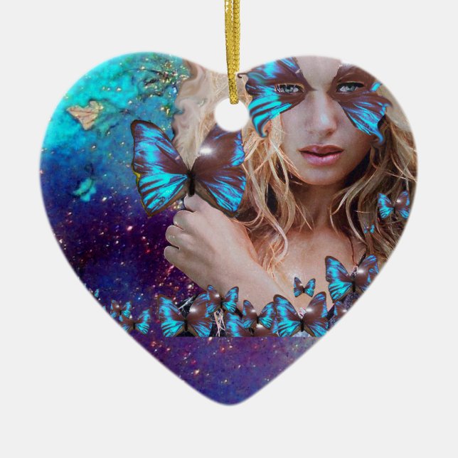 BLUE BUTTERFLY IN TEAL GREEN GOLD SPARKLES HEART CERAMIC ORNAMENT (Front)