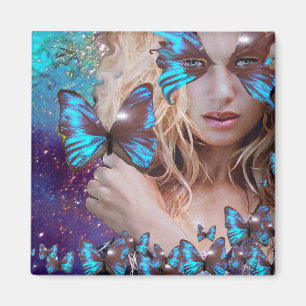 BLUE BUTTERFLY IN TEAL GREEN GOLD SPARKLES MAGNET