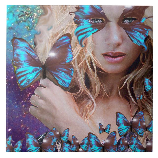 BLUE BUTTERFLY IN TEAL GREEN GOLD SPARKLES TILE (Front)