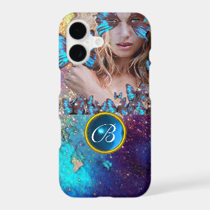 BLUE BUTTERFLY LADY,TEAL GOLD SPARKLE GEM MONOGRAM