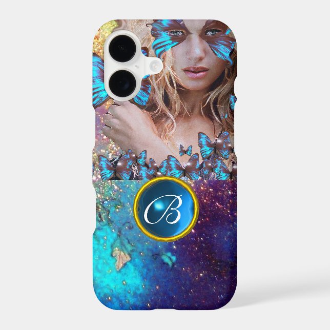 BLUE BUTTERFLY LADY,TEAL GOLD SPARKLE GEM MONOGRAM (Back)