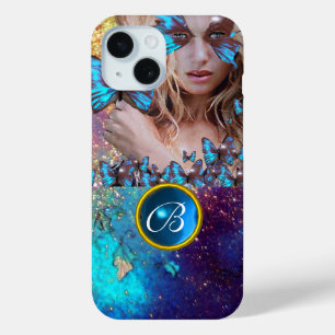 BLUE BUTTERFLY LADY,TEAL GOLD SPARKLE GEM MONOGRAM iPhone 15 CASE