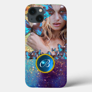 BLUE BUTTERFLY LADY,TEAL GOLD SPARKLE GEM MONOGRAM iPhone 13 CASE