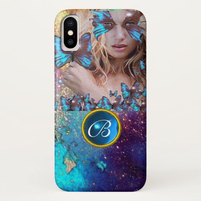 BLUE BUTTERFLY LADY,TEAL GOLD SPARKLE GEM MONOGRAM Case-Mate iPhone CASE (Back)