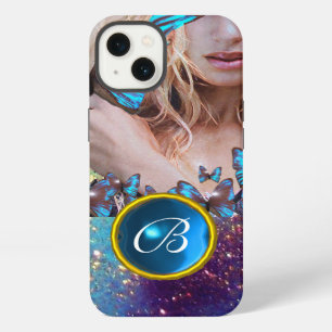 BLUE BUTTERFLY LADY,TEAL GOLD SPARKLE GEM MONOGRAM iPhone 13 CASE