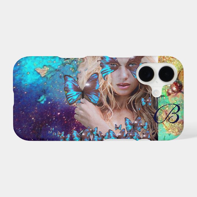 BLUE BUTTERFLY LADY ,TEAL GOLD SPARKLES MONOGRAM (Back (Horizontal))