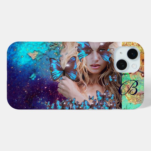 BLUE BUTTERFLY LADY ,TEAL GOLD SPARKLES MONOGRAM Case-Mate iPhone CASE (Back (Horizontal))