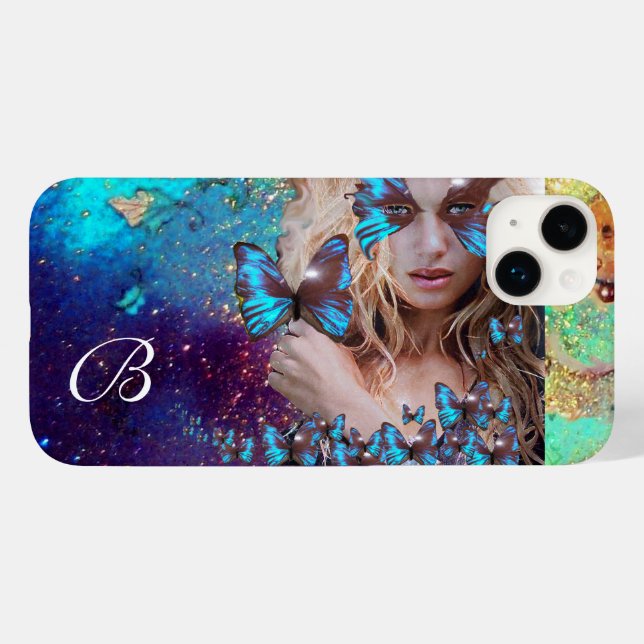 BLUE BUTTERFLY LADY ,TEAL GOLD SPARKLES MONOGRAM Case-Mate iPhone CASE (Back (Horizontal))