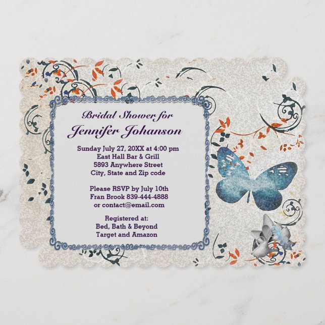 Blue Butterfly & Leaf Swirls Bridal Shower Invite (Front/Back)