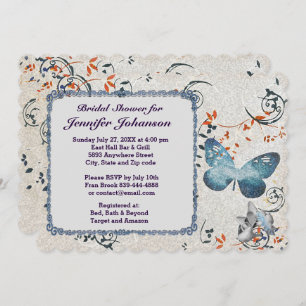 Blue Butterfly & Leaf Swirls Bridal Shower Invite
