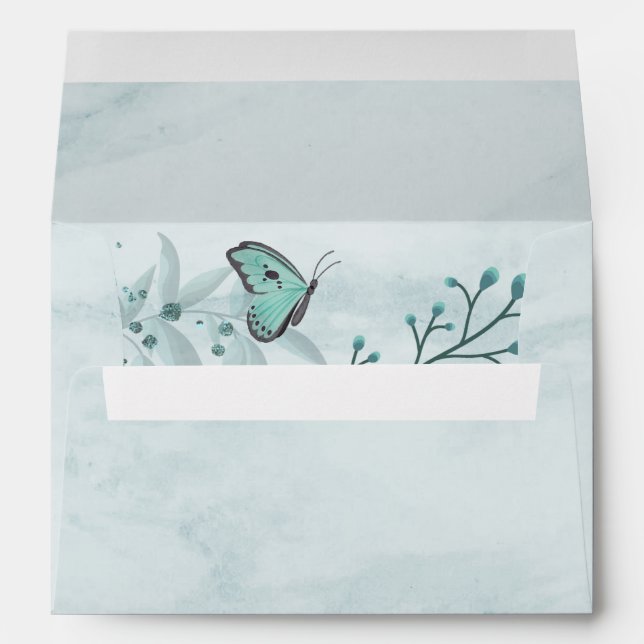 blue butterfly leaves floral wedding envelope (Back (Bottom))