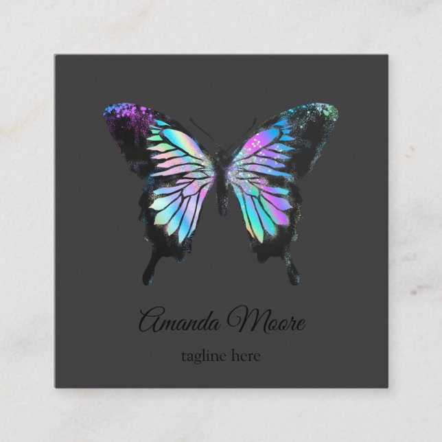 blue butterfly life coach therapist holograph opal square business card (Front)