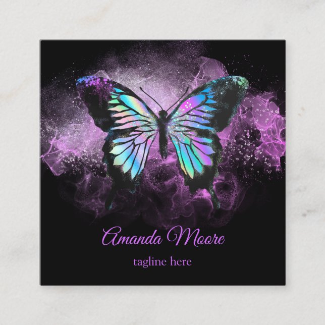 blue butterfly life coach therapist holograph opal square business card (Front)