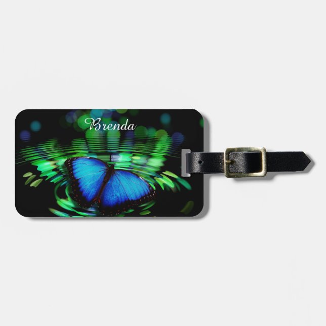 Blue Butterfly Luggage Tag with Leather Strap (Front Horizontal)