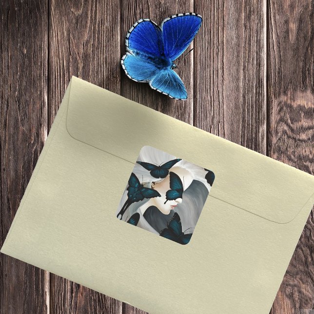 Blue Butterfly Masquerade Elegant Fantasy Square Sticker (Creator Uploaded)