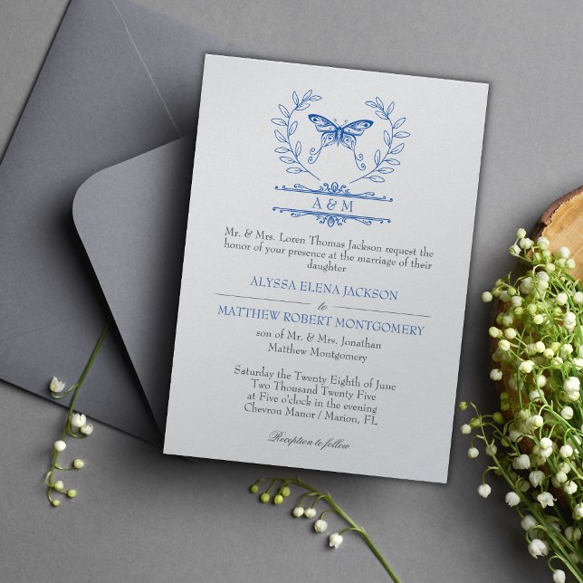 Blue Butterfly Monogram Formal Wedding Invitation (Creator Uploaded)