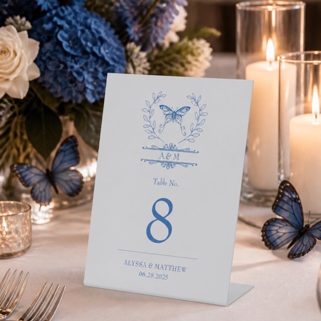 Blue Butterfly Monogram Wedding Table Number Pedestal Sign (Creator Uploaded)