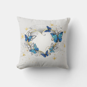 Blue Butterfly Morpho Heart I Elegant Gold Accents Cushion